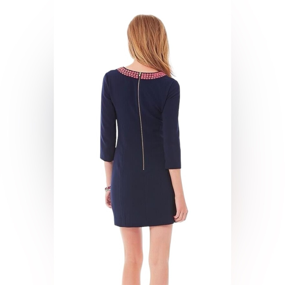 Lilly Pulitzer Bennett Mini Sheath Dress Navy Blue Coral Beaded Jewels - Picture 4 of 16